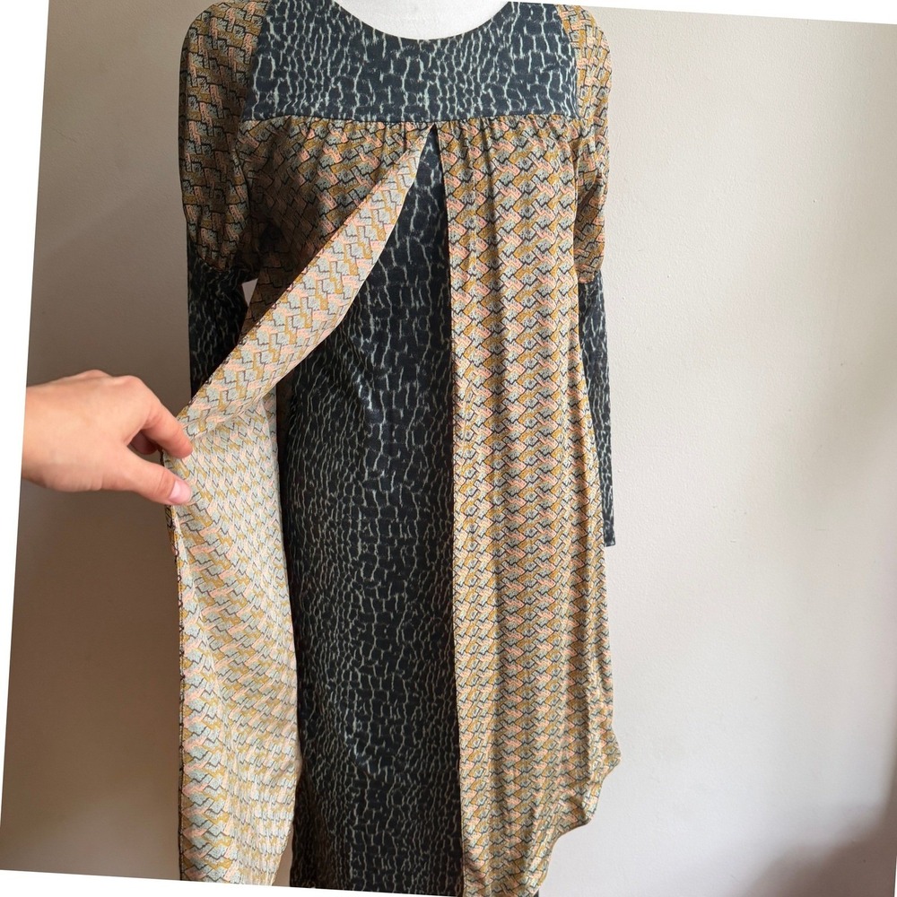SUNO Mixed Print Layered Long Sleeve Shift Dress‎ Green Brown Mori Girl